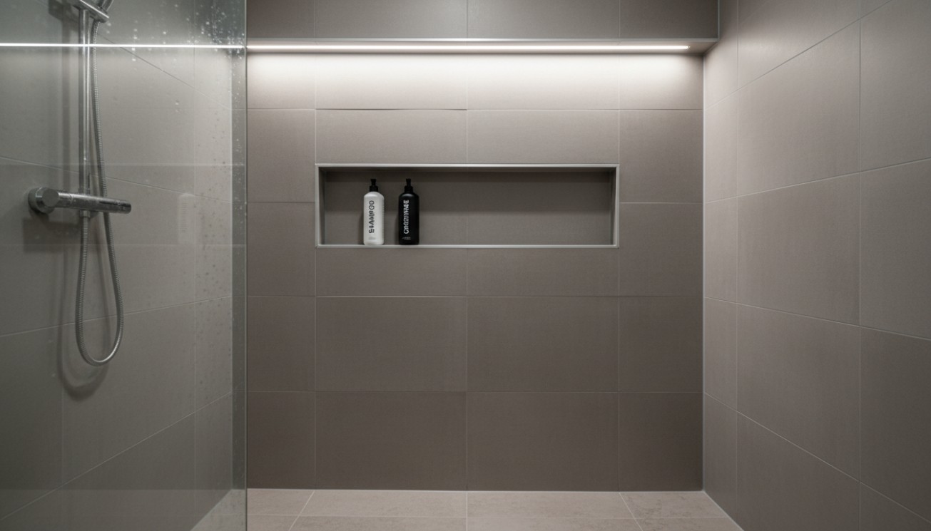 Horizontal shower niche positioned inside a wet area to balance accessibility, storage and water exposure